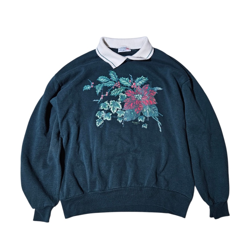 Vintage Morning Sun Poinsettia And Holly Graphic Made In USA Green Size Medium
